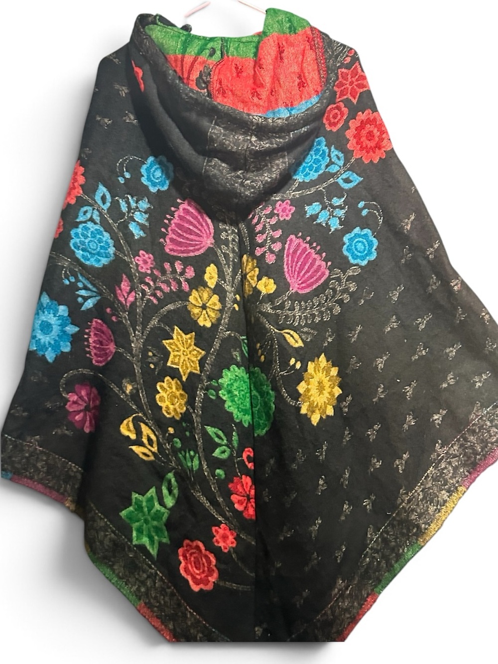 Made in Nepal, Black Floral Hooded Shawl with Multicolor Embroidery
